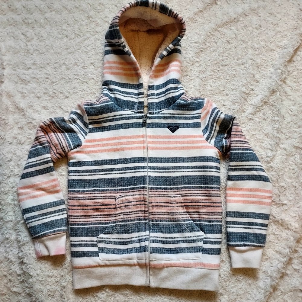 Roxy Girl sherpa lined striped hooded sweat jacket youth 8 Fall Winter Cozy